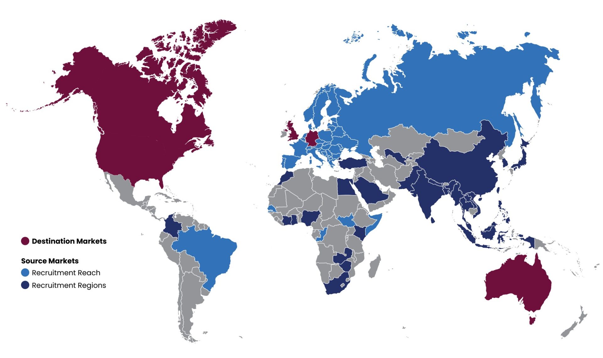 World map highlighting Oxford International’s destination markets and source markets, including recruitment reach and recruitment regions.